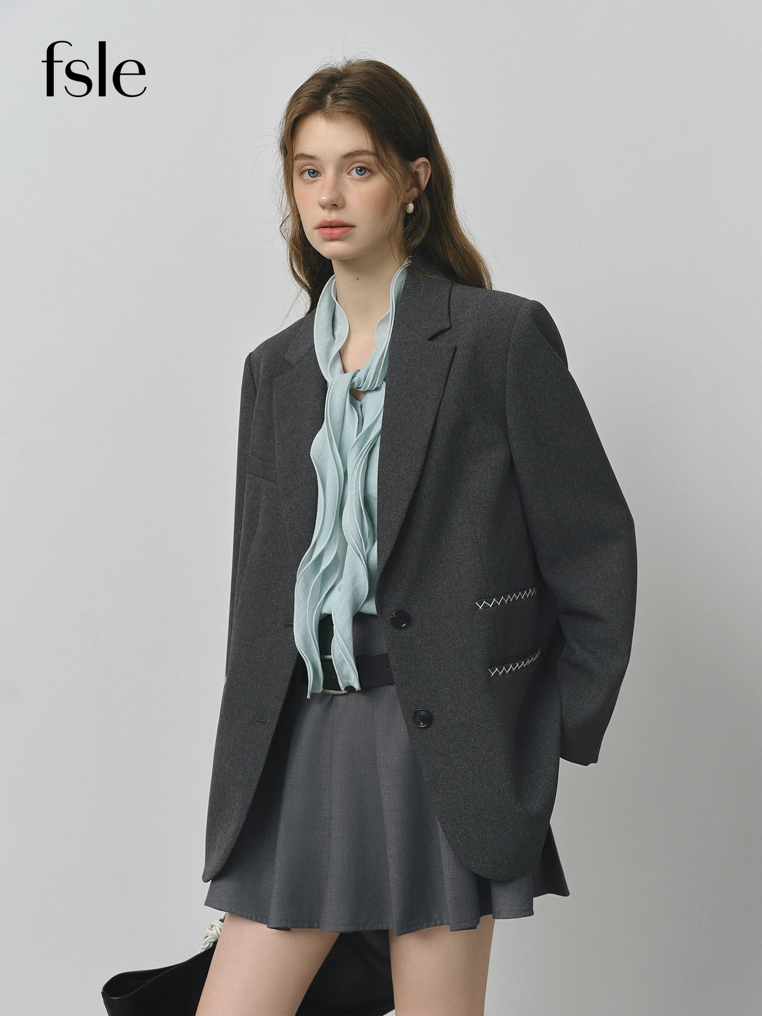 FSLE Contrast Color Line One-pocket Suit Jacket 2025 Autumn New Loose Versatile Notch Lapel Jacket 25FS13150