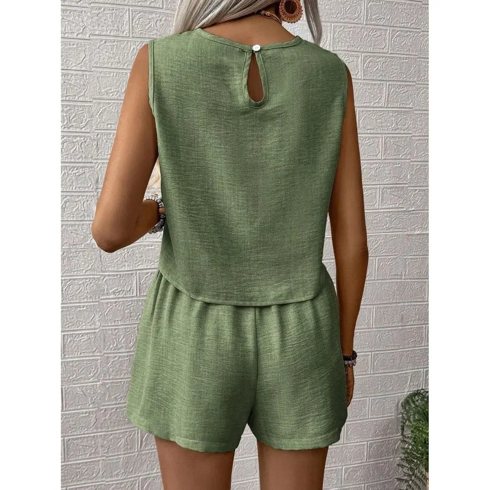 Lässiges einfarbiges Westen-Shorts-Set, schlichtes Design, ärmelloses Top-Set in mehreren Größen, lässiges Outfit-Set, Freizeitkleidung – Detail 12