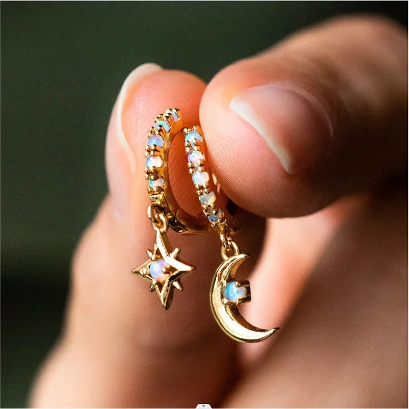 2024 New Trendy High End Earrings From Japan and South Korea Asymmetric Star Moon Set Diamond Charm Versatile  Jewelry