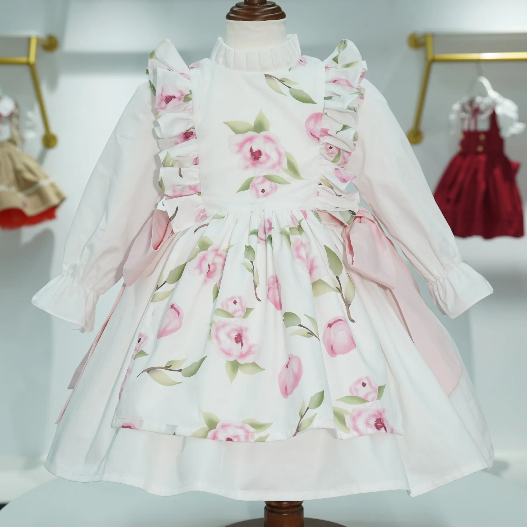 Baby Girl Autumn Floral Printed Turkish Vintage Princess Ball Gown White Dress for Birthday Holiday Photography  C25