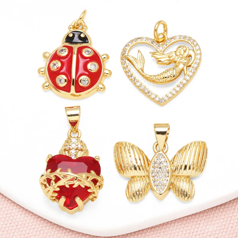 OCESRIO White Crystal Red Enamel Ladybug Pendant for Necklace Copper Gold Plated Butterfly Jewelry Making Supplies pdta449