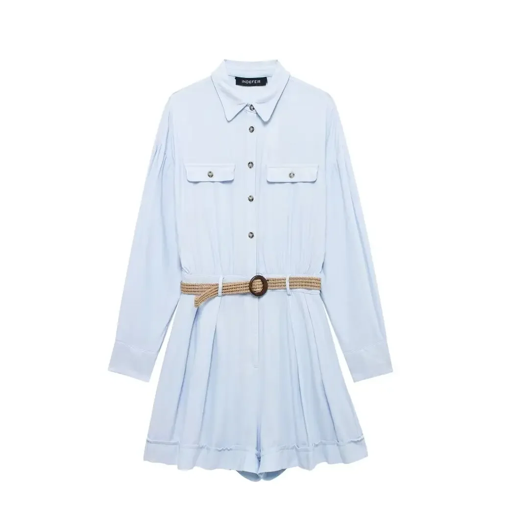

Ladies' new fashion with belt flip decoration casual linen blend jumpsuit retro long sleeved button up women's jumpsuit Mujer