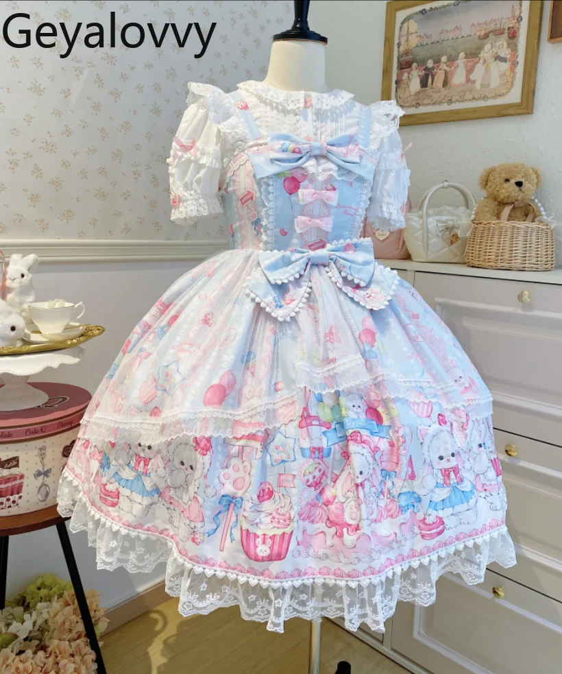 

Summer New Sweet Original Design Lolita Bow Lace Print High Waist Sleeveless Dress Cute Birthday Party Jsk Suspender Dresses