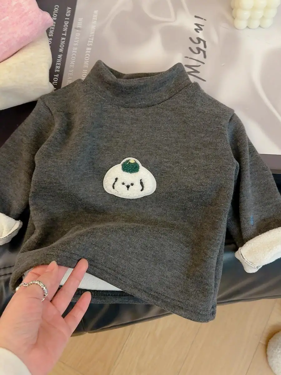 Thiened Wool Silk Base irt Autumn Winter Children's Thermal Top Girls Boys Warm Versatile Clothes Long Sve T-irt