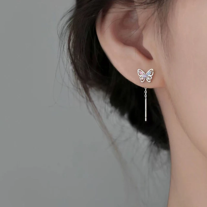 925 Silver Pin Unique Elegant Colorful Butterfly Ear Threads Niche Light-Luxury High-end Women's Earrings