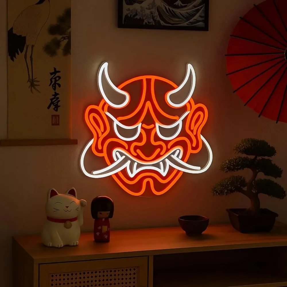 

Japanese Oni Mask Neon Sign Aesthetic LED Neon Light Man Cave Bedroom Party Living Room for Decor USB Dimmable Gift for Children
