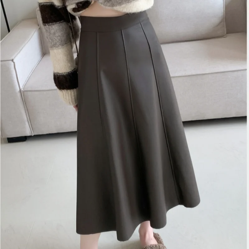

Autumn Winter High Waist Vintage Washed PU Leather Women's Umbrella Long Skirt 2025 New Korean Black Office A-line Skirts Female