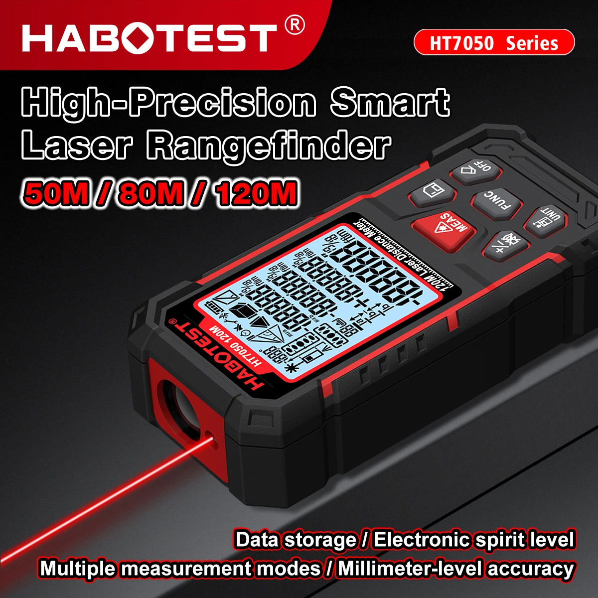 HT7050 50m/80m/120m Digital Laser Distance Meter ±1.5mm Precision Dual-Axis Electronic Level Rangefinder M/In/Ft Unit Switching