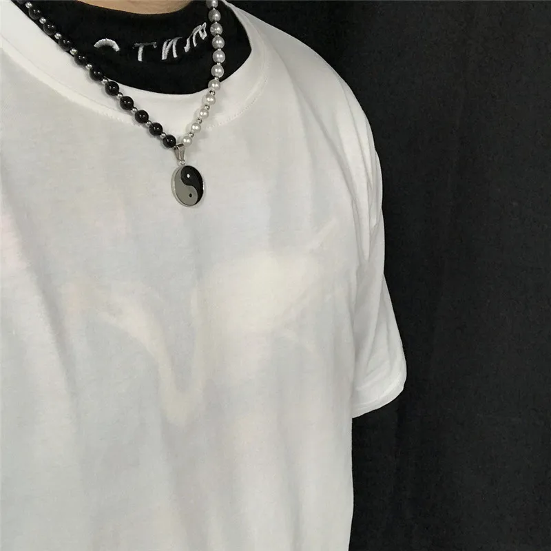 Black White Taoism Yin Yang Round Charm Beaded Faux Pearl Tai Chi Choker Necklace for Men Women Protection Lucky Jewelry Gifts