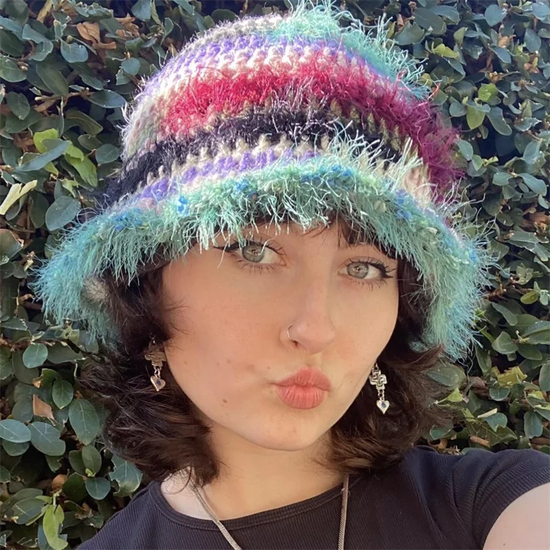 Handmade crocheted Rainbow stripes Color matching hat For women Girls y2k style Commuter fisherman hat Cute cat ears warm hat