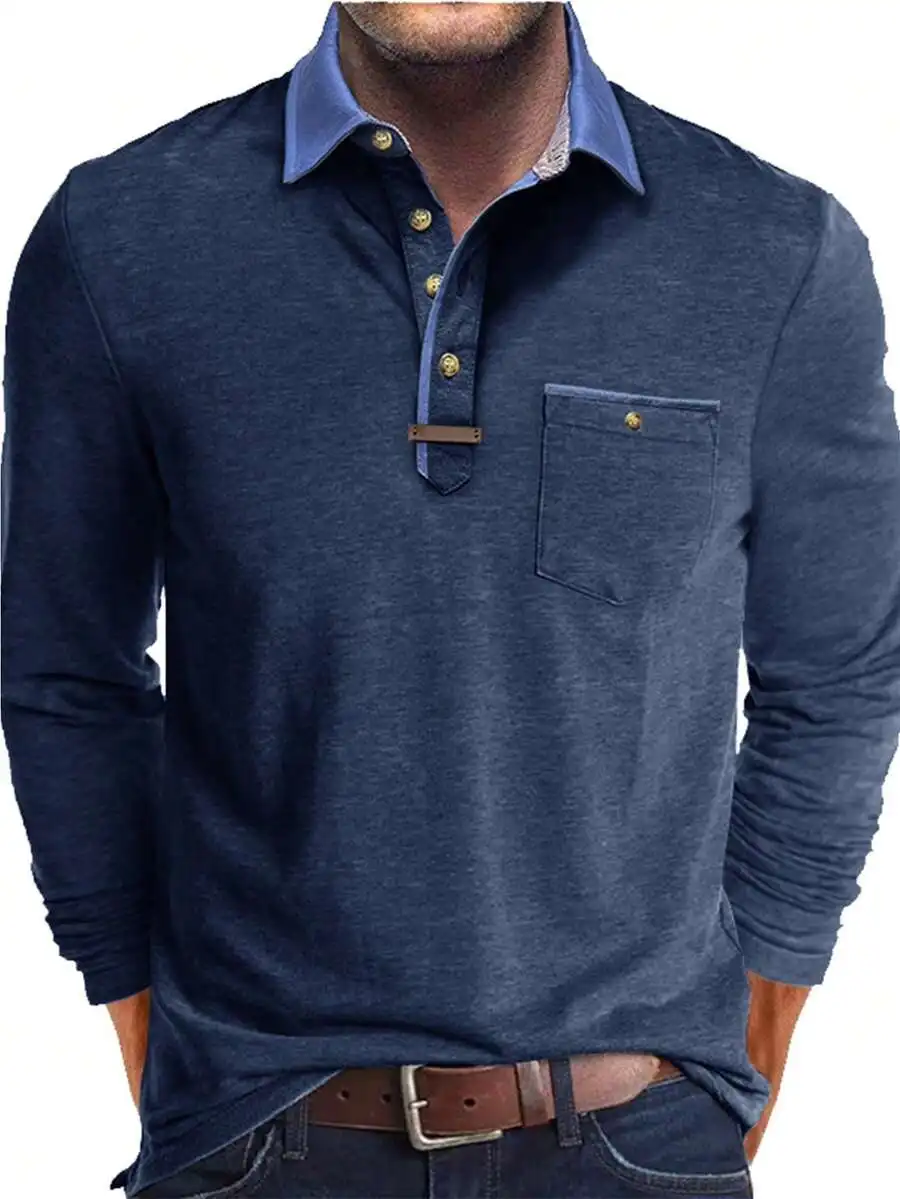 

Men's Long Sleeve Polo Shirt with Turn-Down Collar and Chest Pocket, Fall Casual Wear
