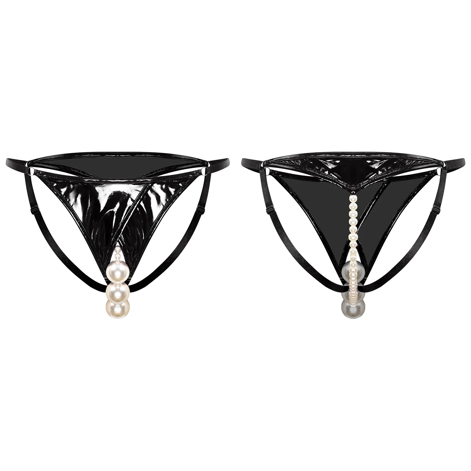 

Women Sexy Faux Pearls Open Crotch Thongs Lingerie Stimulating G-string Briefs Low Rise PU Leather Panties for Erotic Nightwear
