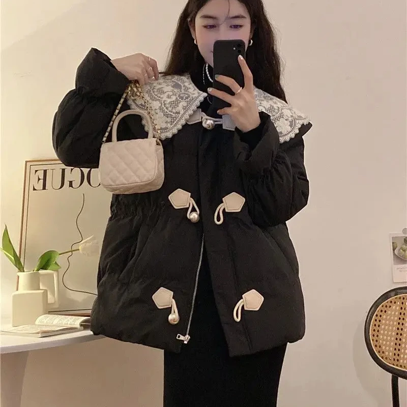 Women's Padded Coat Lace Solid Color Quilted Jacket Cotton Lady Parka Elegant Great Demi-season Luxury Offers Fashion 2024 Thick