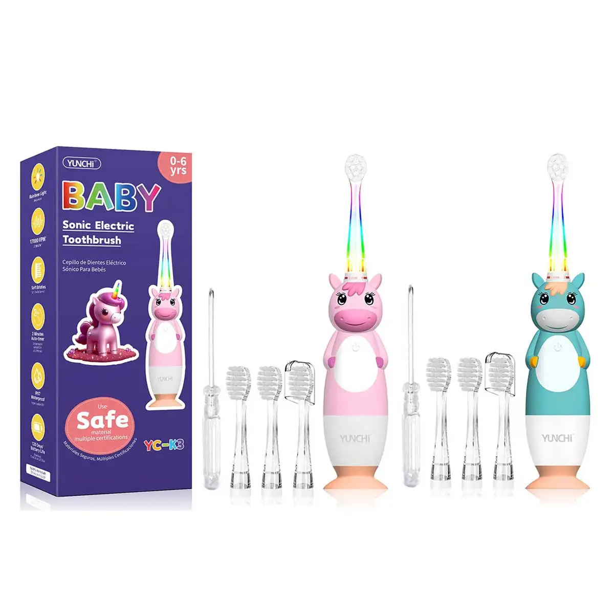 Yunchi Kids فرشاة أسنان كهربائية بالموجات الصوتية مع غطاء يونيكورن شعيرات ناعمة من الألياف الدقيقة 4 رؤوس فرشاة مؤقت LED ذكي طاقة البطارية