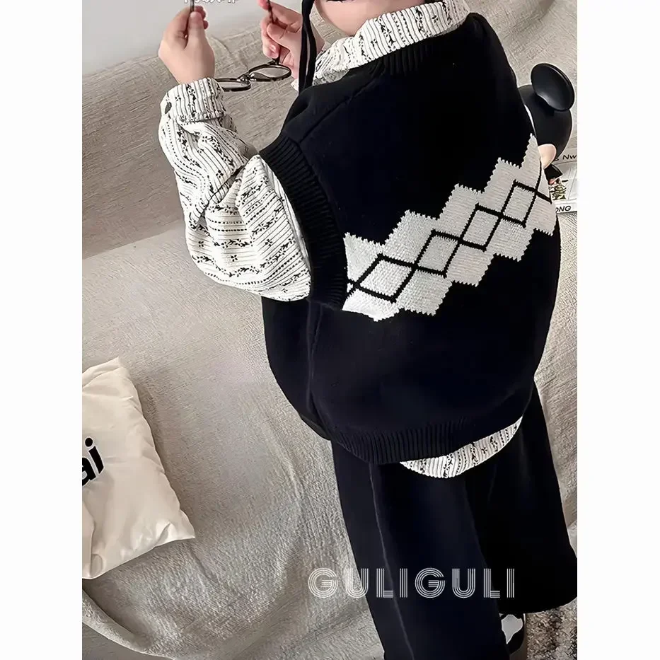 Korean Style Childrens Wear Boys Vest Autumn 2024 Knit Vest Clip Three-piece Classic Fashion Childrens Casual Pants