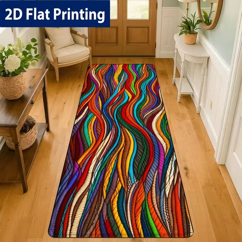 Rainbow Wavy Striped Runner Rug Vibrant Colorful Abstract Thread Texture Non-Slip Soft Floor Mat Boho Home Decor Carpet