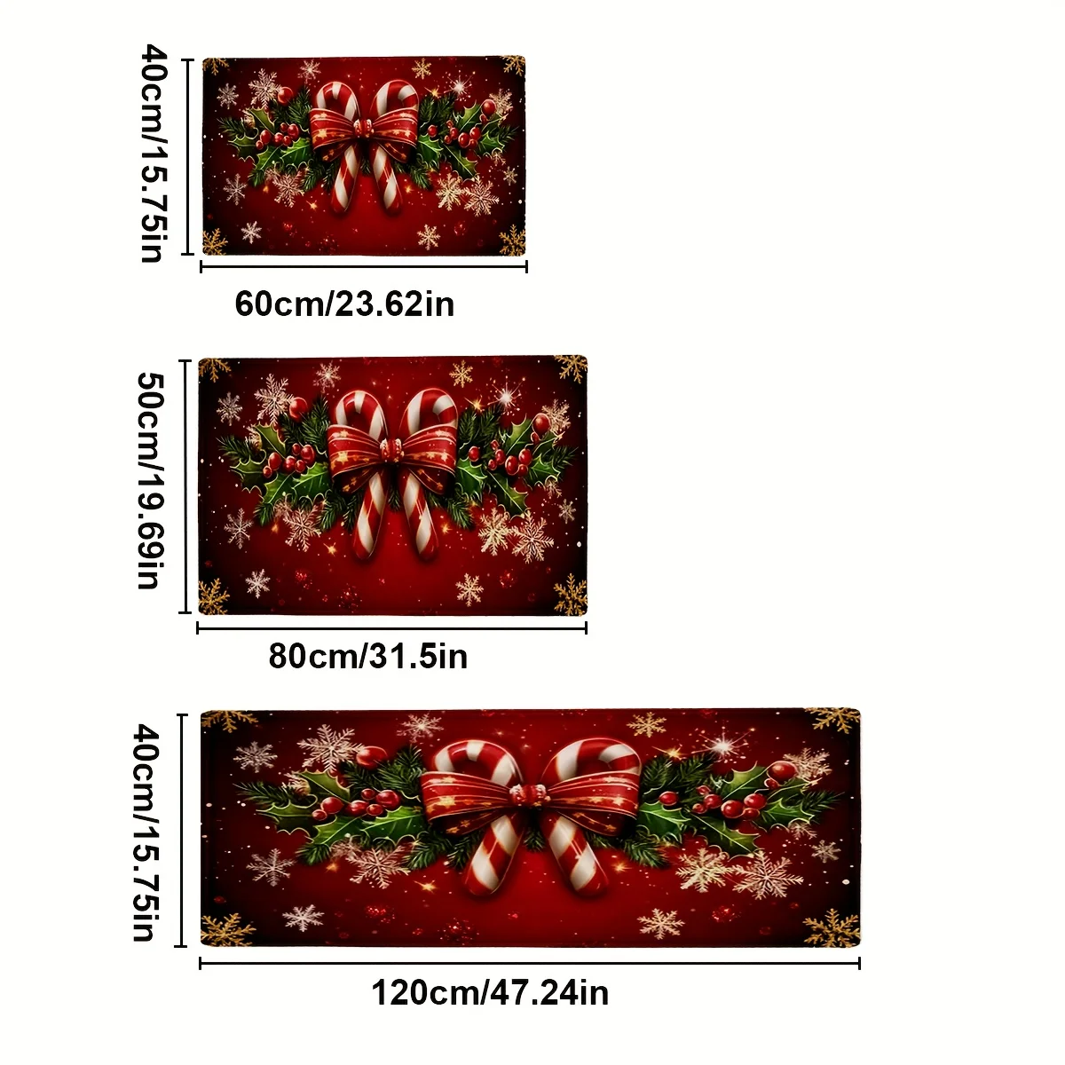 1pc Rug Set (Polyester 100% Polyester ) Candy Canes Holly and Red Berries Pattern Printed Floor Mat for Kitchen, New Year Deco