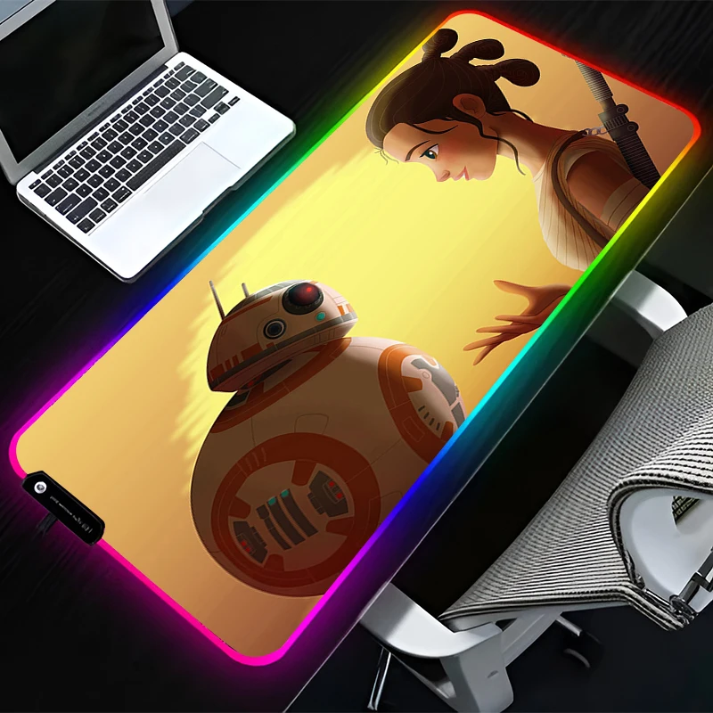 LED Mouse Pad Star Wars Rey Skywalker HD Large Game RGB Mousepad Computer Keyboard Office Desk Pad Laptop Desktop Accessories