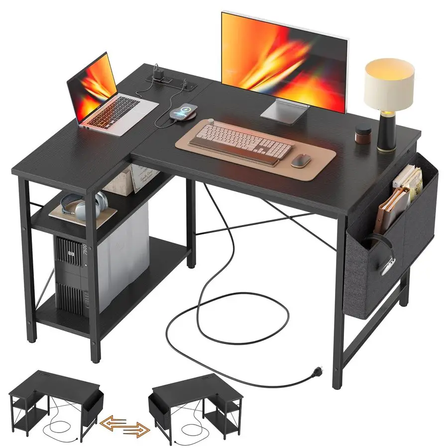 

Small L Shaped Desk with Power Outlets 40 inch Gaming Corner Computer Desk Writing Table, Reversible Large Storage Customizable