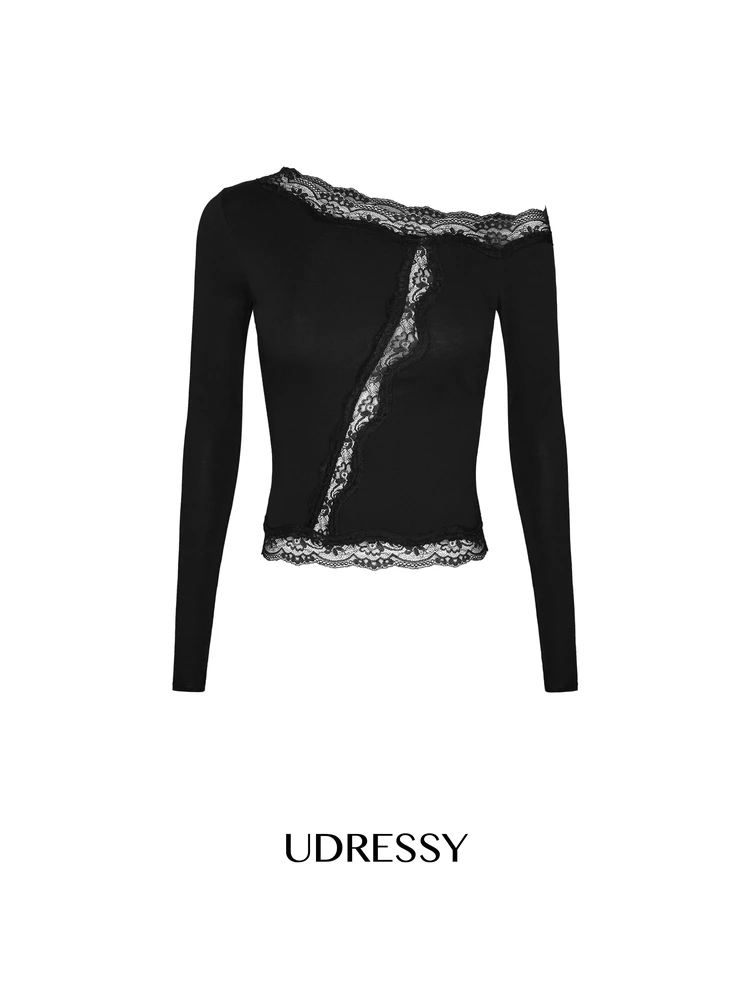 

Женский топ Ele Sle с длинными рукавами, кружевными вставками и асимметричным дизайном плеча, приталенный крой, для осеннего сезона