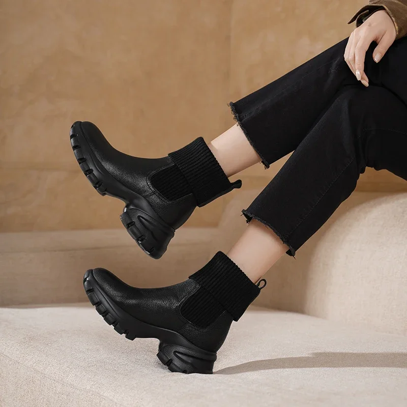 Women New Genuine Sheepskin Knit Sock Ankle Boots Chunky Platform Lug Sole Slip on Boots High Heel Warm Plush Winter Short Boots