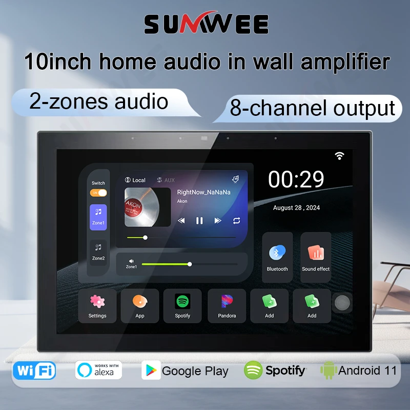 10inch android 11 smart home sound in wall amplifier 2 zones audio 4 zones sound effect regulate music control panle player HDMI