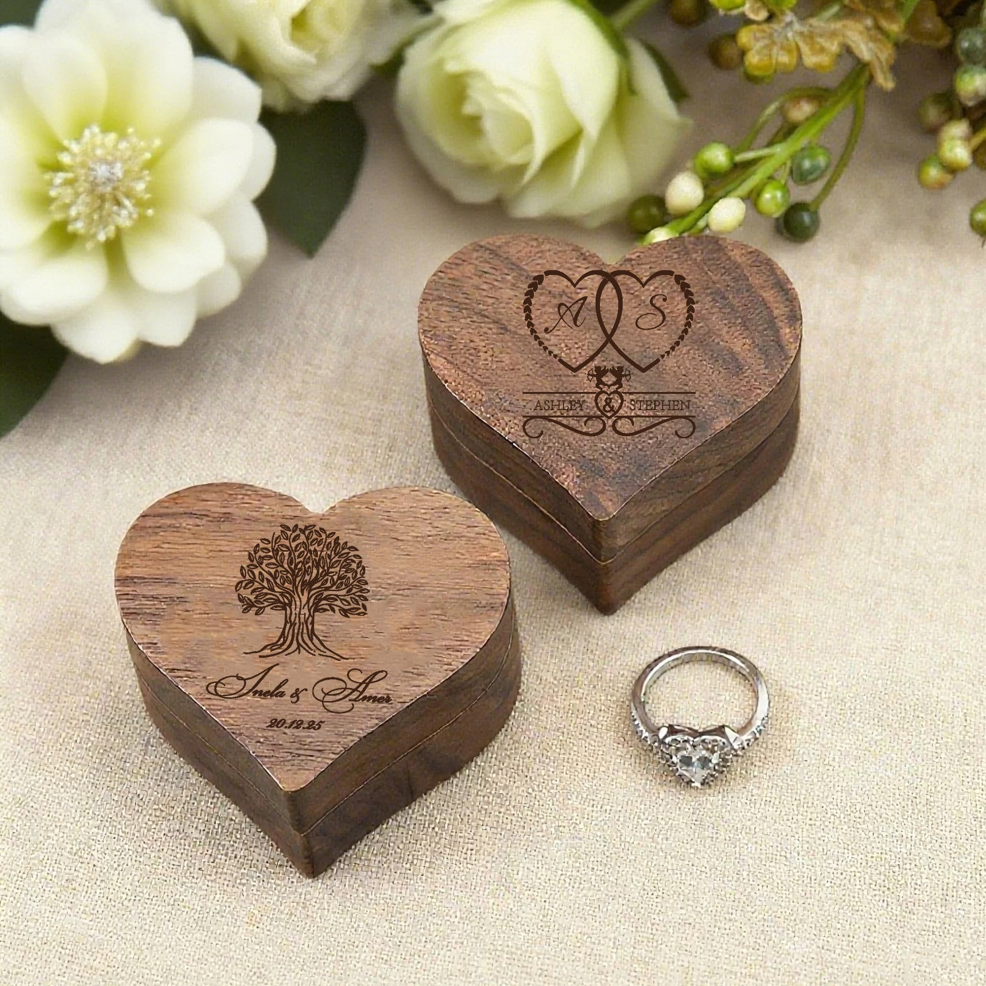 Personalized Heart-Shaped Wooden Wedding Ring Box with Custom Engraving - Elegant Heart Design, Golden-Tone Hardware