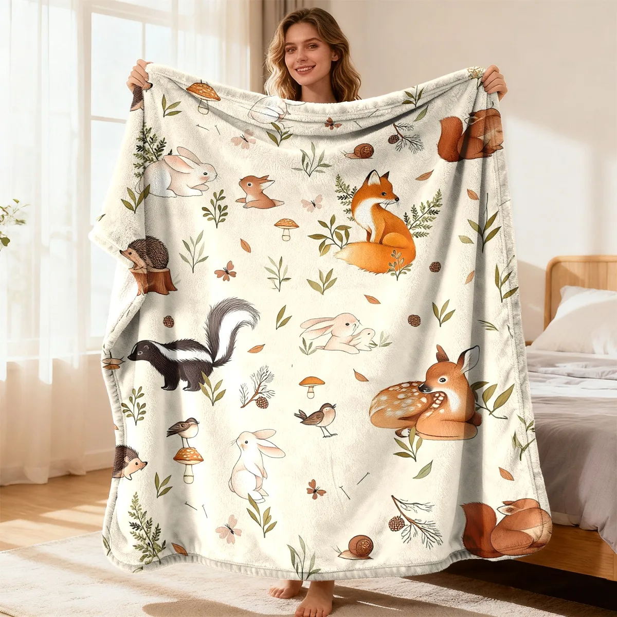 Enchanted Forest Animal Throw Blanket, Fox Hedgehog Rabbit Mushroom Acorn Motif, Cozy All‑Season for Camping, Travel