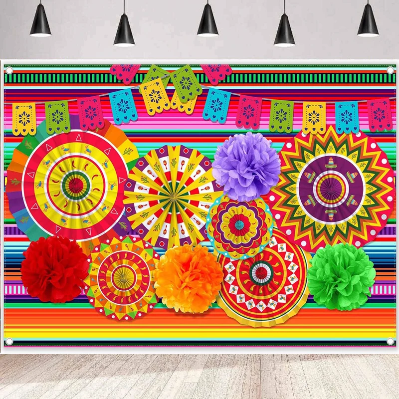 Mexican Fiesta Theme Photography Backdrop Cinco De Mayo Striped Paper Fans Background Wall Poster Banner Carnival Colorful Flags