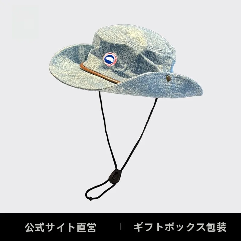 フランクグース-グラデーションデニム-フィッシングキャップ-ユニセックス-ドローストリング-折りたたみ式-日焼け止め帽子-つば広-ラウンドトップ-カプセルスタイル-春帽子