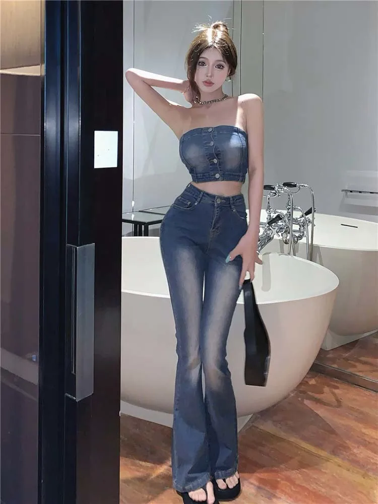 

Denim bra vest + high waist Jeans straight trousers women's summer 2023 new Spice Girls retro fashion suit 2PCS