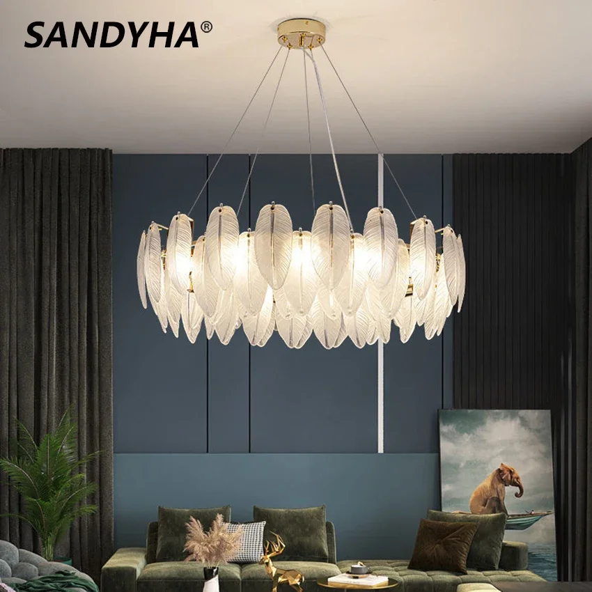 

SANDYHA Nordic Glass Feather Led Chandelier Luxury Gold Art Home Decor Hanging Lamp Living Dining Table Bedroom Kitchen Lighting