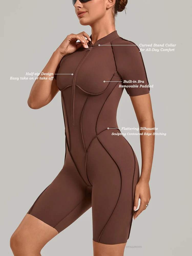VITALINOVO Women's Short Sleeve Bodycon Romper Zip Front Stretch Tummy Control Yoga Workout Jumpsuits Bodysuit Shorts Padded
