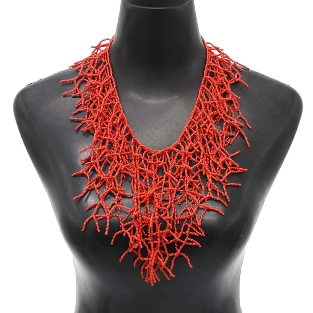 Unique ZA Large Faux Red Coral Necklace for Women Long Handmade Acrylic Beads Tassel Chokers Necklaces Elegant Collar Jewelry