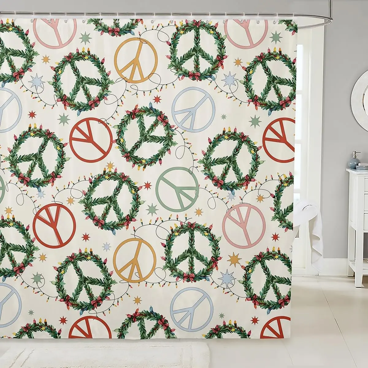 

Merry Christmas Shower Curtain Cartoon Colorful Peace Love Decor Bathroom Curtains for Kids Teens Adults Watercolor Green Plants