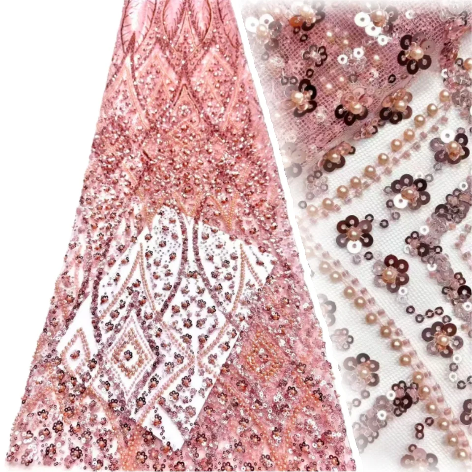 

Африканское кружево с бисером, высококачественная нигерийская ткань с пайетками, французское кружево для свадебных и вечерних платьев, материал для шитья, 5 ярдов, 2249