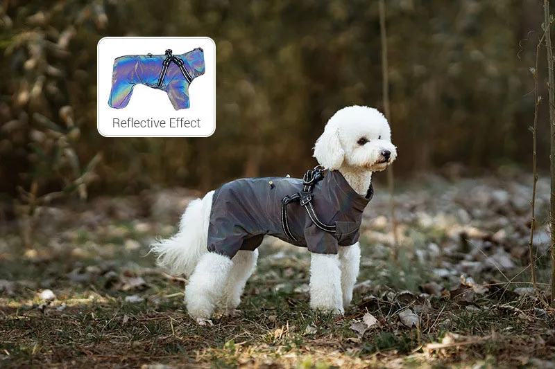 Hunderegenmantel mit Geschirr, wasserdichte Haustier-Regenjacke für kleine Hunde, verstellbarer, reflektierender Hunde-Regenoverall mit 4 Beinen – Detail 9