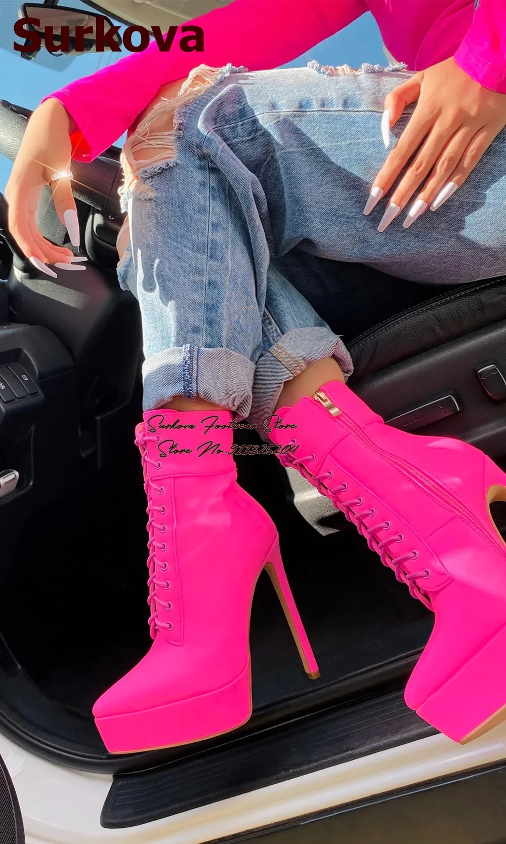 Surkova Neon Yellow Pink Lycra Fabric Stiletto Heel Ankle Boots Platform Pointed Toe Lace-up Short Booties Elegant Dress Shoes