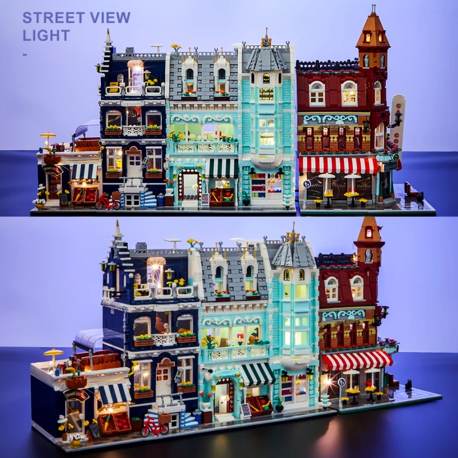 Europäische Straßenszenenarchitektur Kreative 3D-Mikrobausteine Café Marktladen Erwachsenes Kind Weihnachtsgeschenk