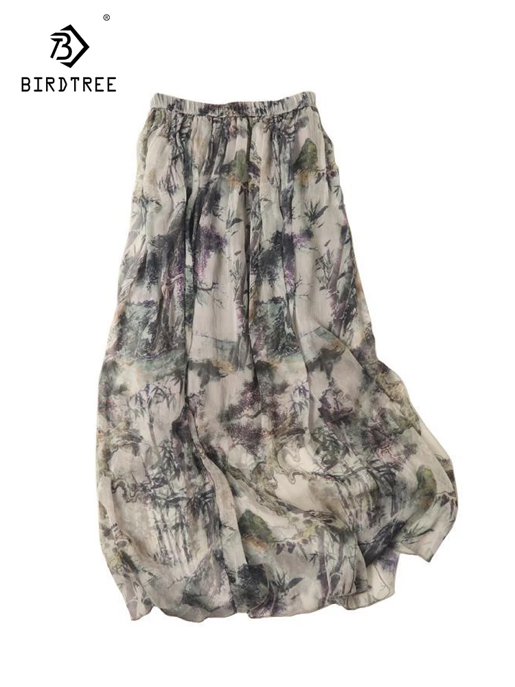 

Birdtree 100%Mulberry Silk Elastic Waist Skirt Retro Ink Printing For Women Generation to Send New Spring Summer Style B383105QC