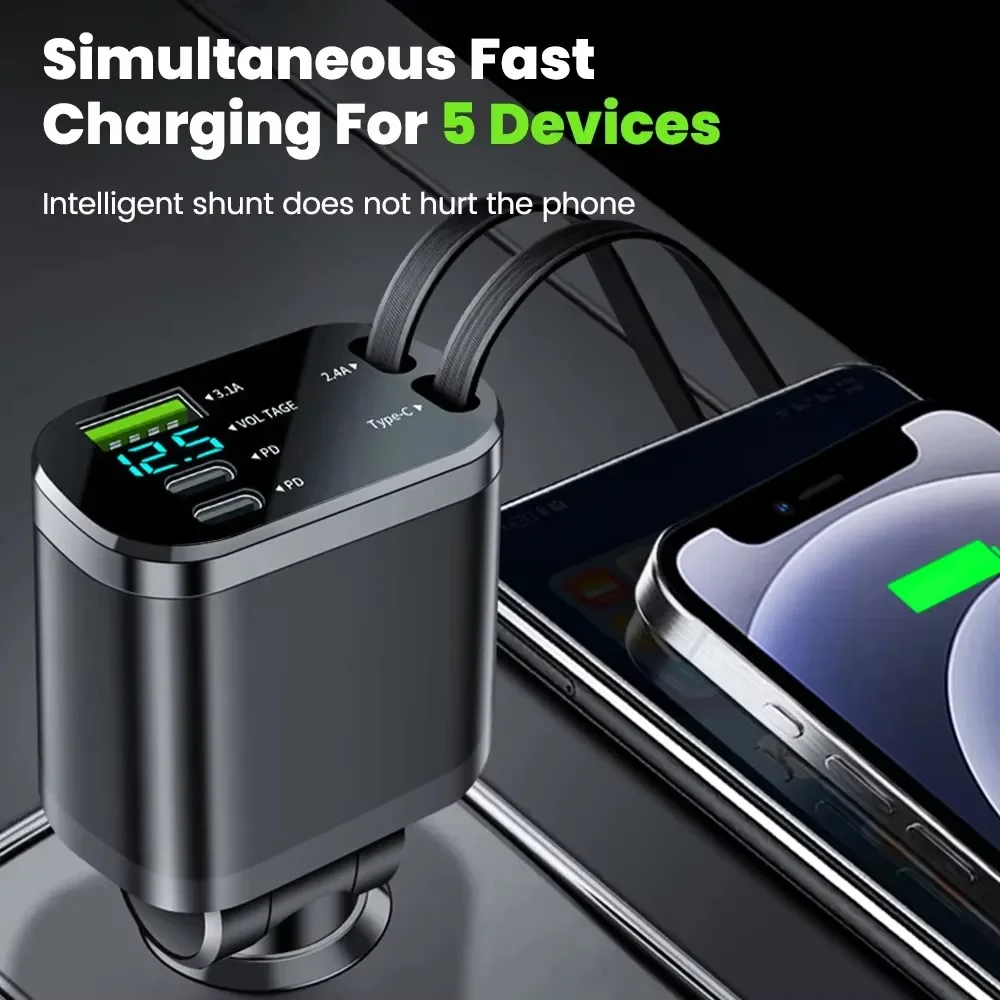 5 IN 1 Car Charger Adapter Fast Charging Type c PD with Retractable Cords Voltage Display Car Charger For iPhone Samsung Xiaomi image 3
