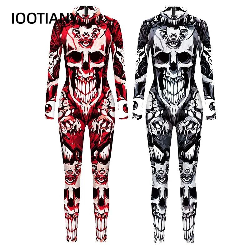 IOOTIANY-monos sexys con estampado 3D de calavera aterradora para mujer, monos ajustados de manga larga para fiesta de Halloween, 2 colores