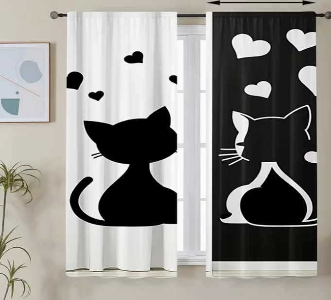 2pcs Curtains Featuring A Black and White Cat Design, Perfect for Adding ALiving and Dining Areas. Note Rod Not Included Curtain