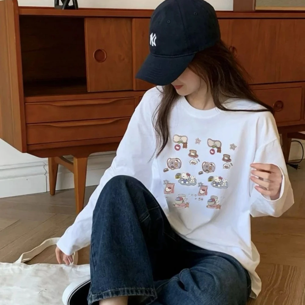 New Hello Kitty Long Sleeve T-shirt Y2K Kawaii Girls' Letter Printed Cotton Loose Long Sleeve Sweet Cool Girls Clothing