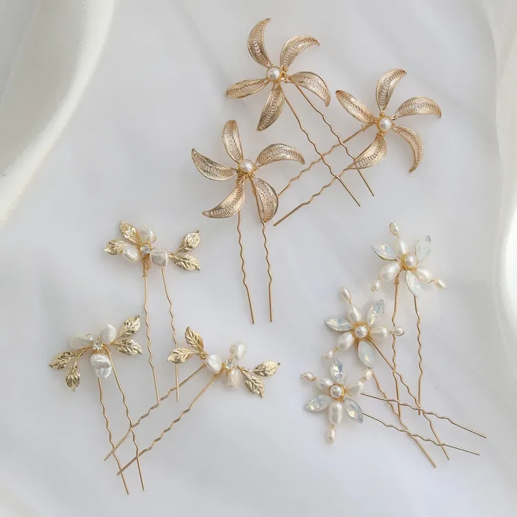 

Freshwater Pearls Jewelry Bridal Hair Pins Clips Gold Color Leaf Wedding Headpiece Handmade Women Hair Piece Ornament