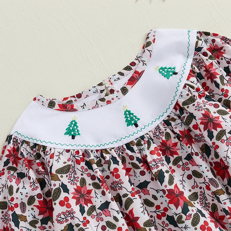 Baby Girl Christmas Outfit Smocked Bubble Romper Long Sleeve Floral Bodysuit Infant Fall Jumpsuit Xmas Clothes