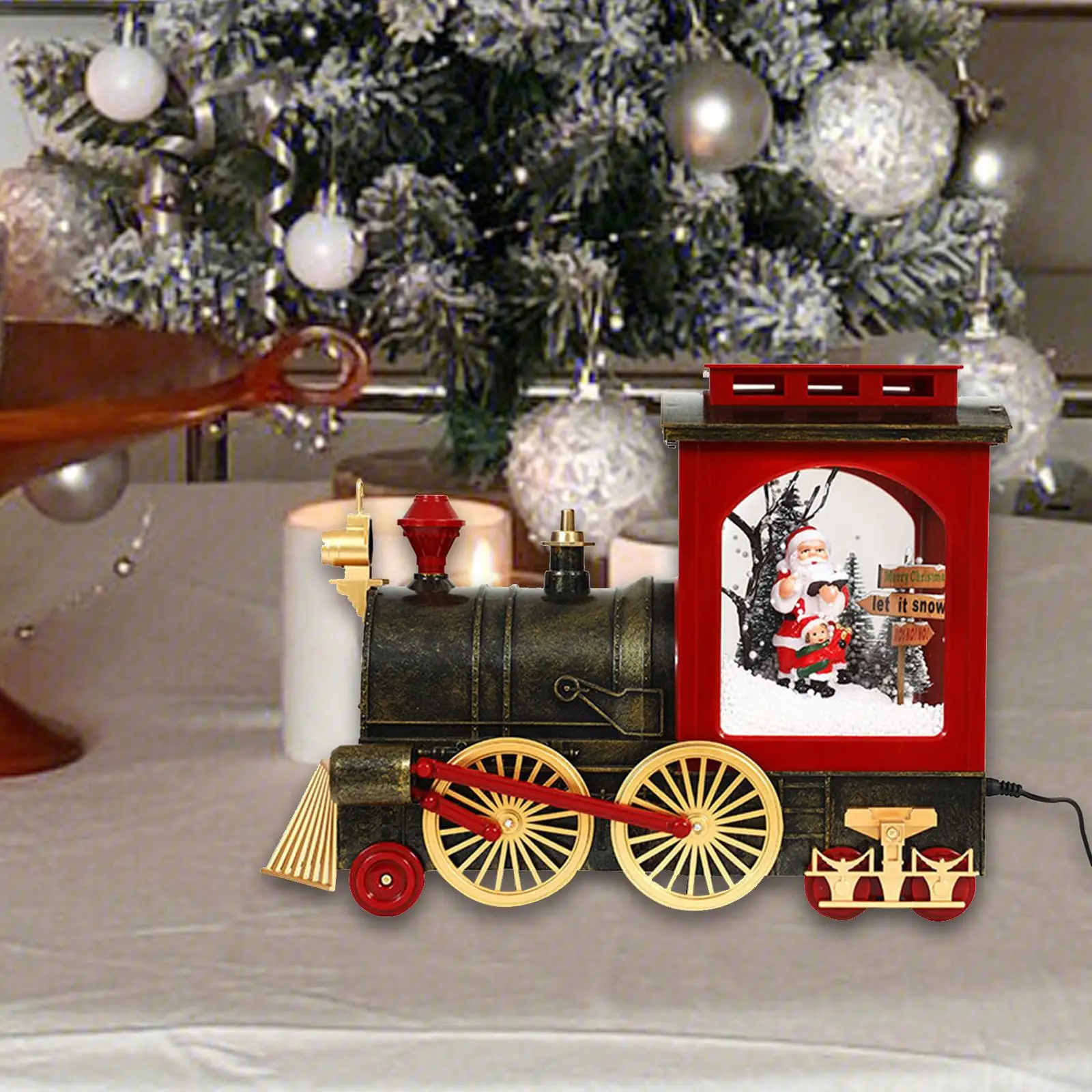 

Christmas Train Ornament Desk Festival Table Decor Wedding Train Sculpture Collection Santa Kids Holiday Retro Indoor Snow Globe