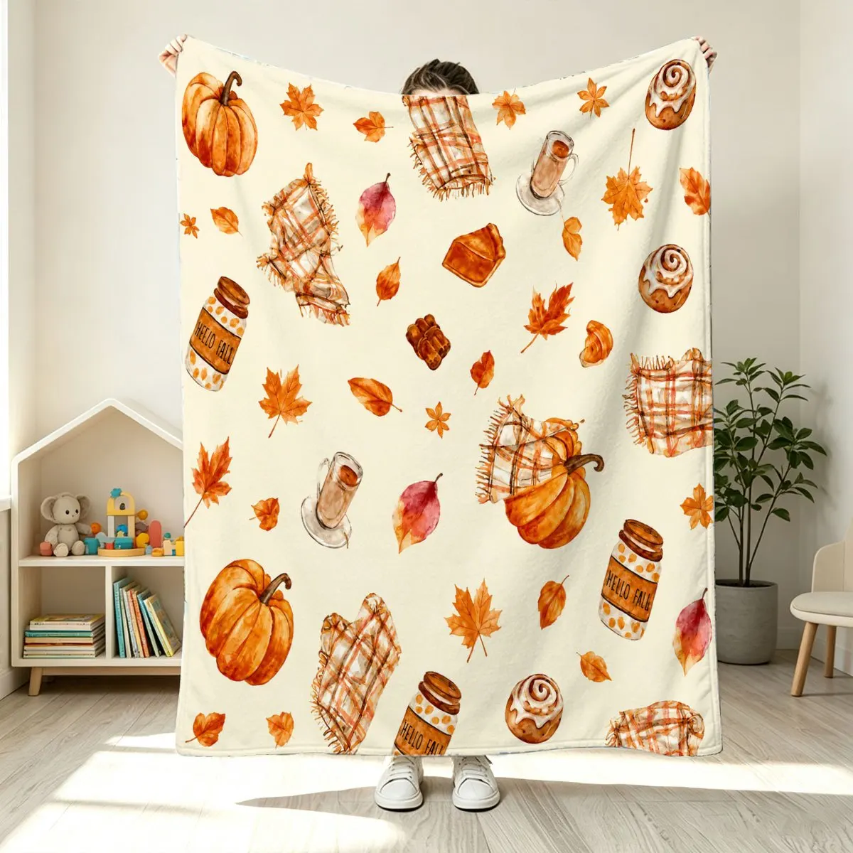 2D Flat Printing, 1pc Autumn Decor Blanket/Throw, Printed with Pumpkin Maple Checkered Blanket Hot Drink Dessert Autumn Text Pat