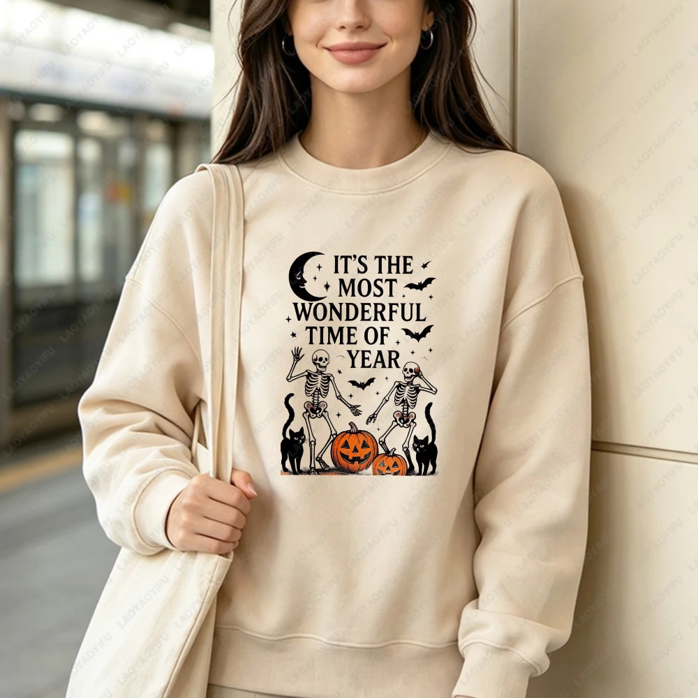 Most Wonderful Time Sweatshirt Unisex Streetwear Moon Skeleton Black Cat Motif Bat & Pumpkin Element Vintage Vibe Pullovers