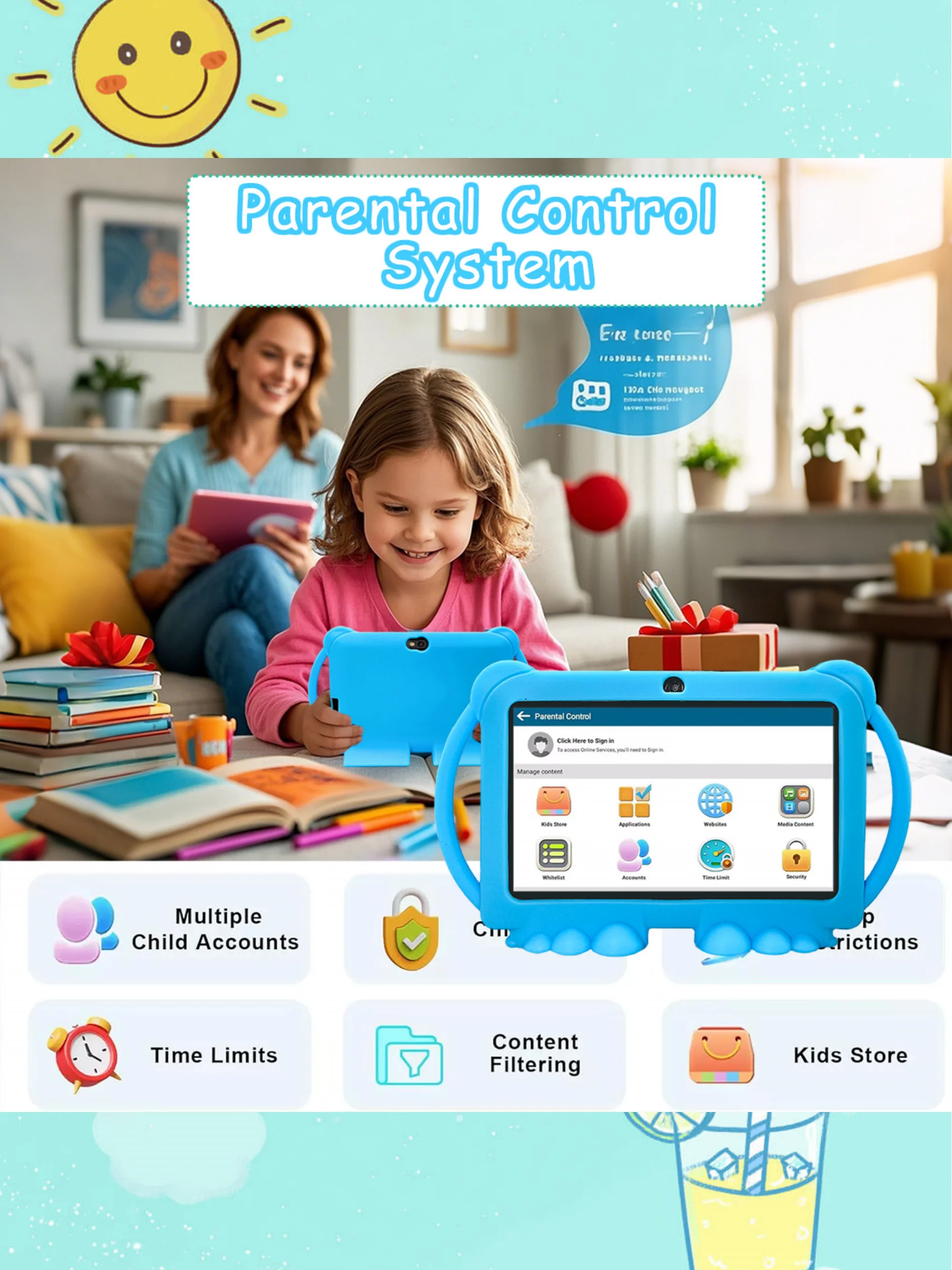 Tablet per bambini Android da 7 pollici, WiFi, batteria da 3000 MAH, doppia fotocamera, regali per bambini per Natale e compleanno